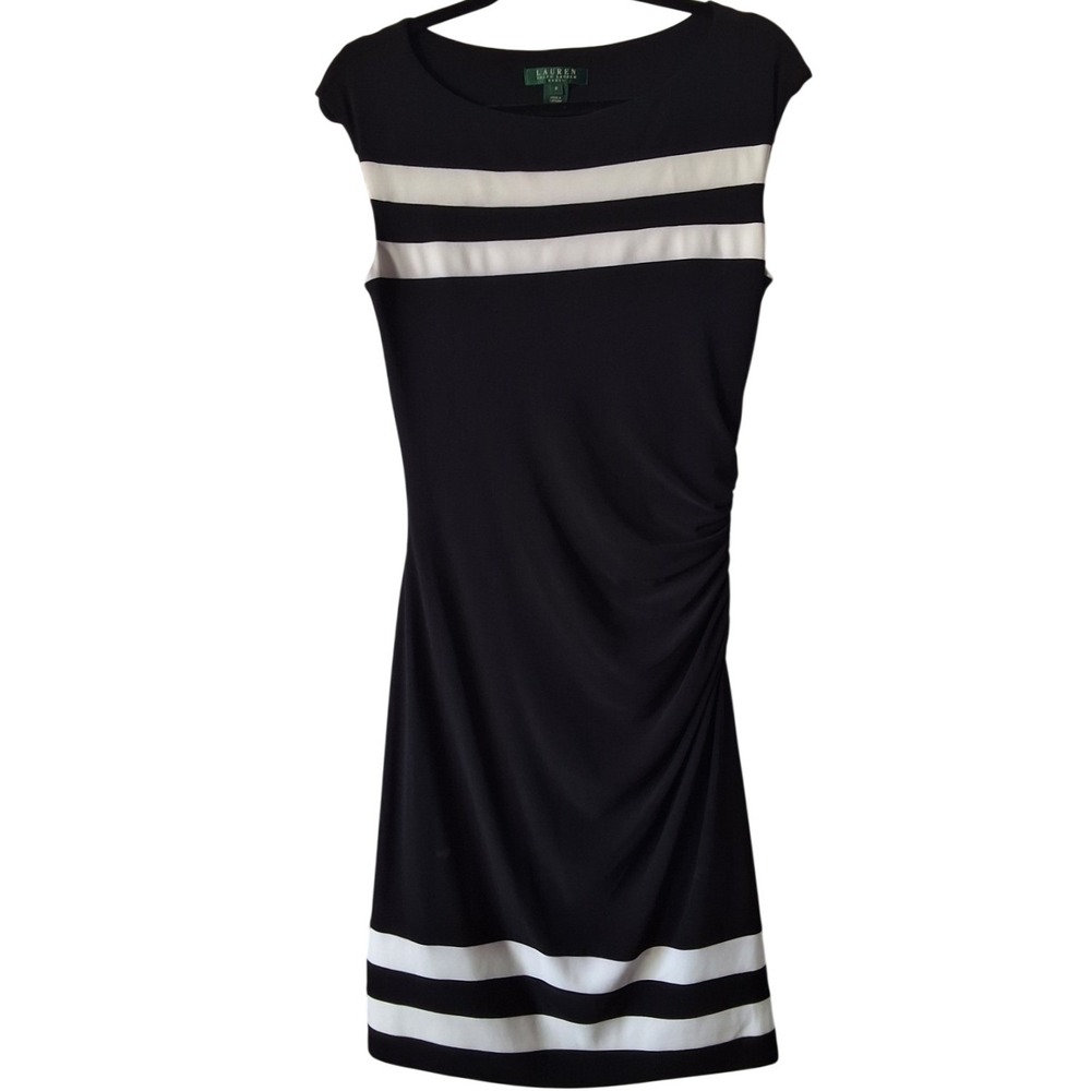 Lauren Ralph Lauren Size 8 Rouched Side White Stripes Black Formal Casual Dress